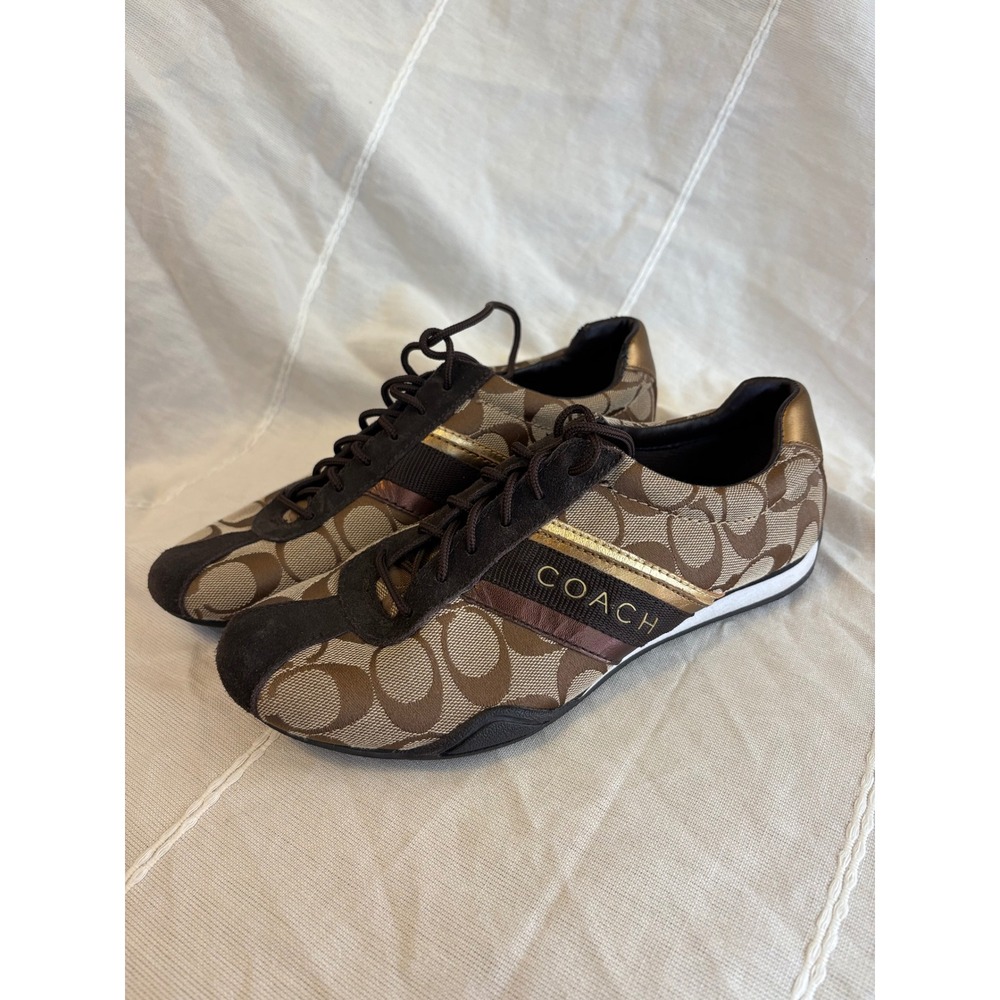 Coach Jayme‎ Signature Jacquard Khaki Brown Gold Sneakers Q582 Womens 7.5M